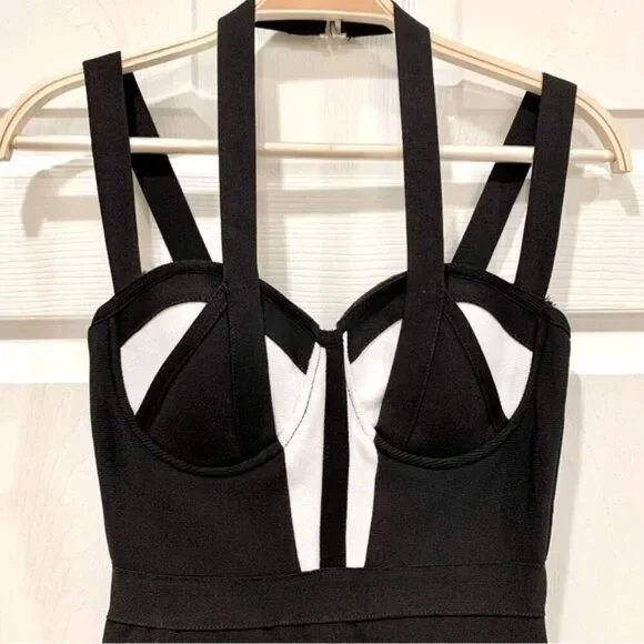 🖤 Bebe Black White Colorblock Strappy Halter Bustier Bodycon Bandage Mini Dress - Picture 4 of 12